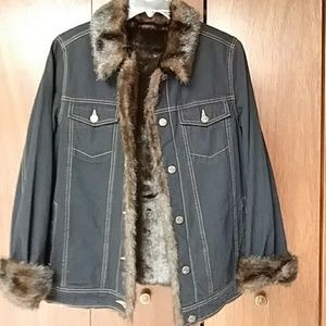 Dennis Basso Denim Jean Jacket with Faux Fur Trim